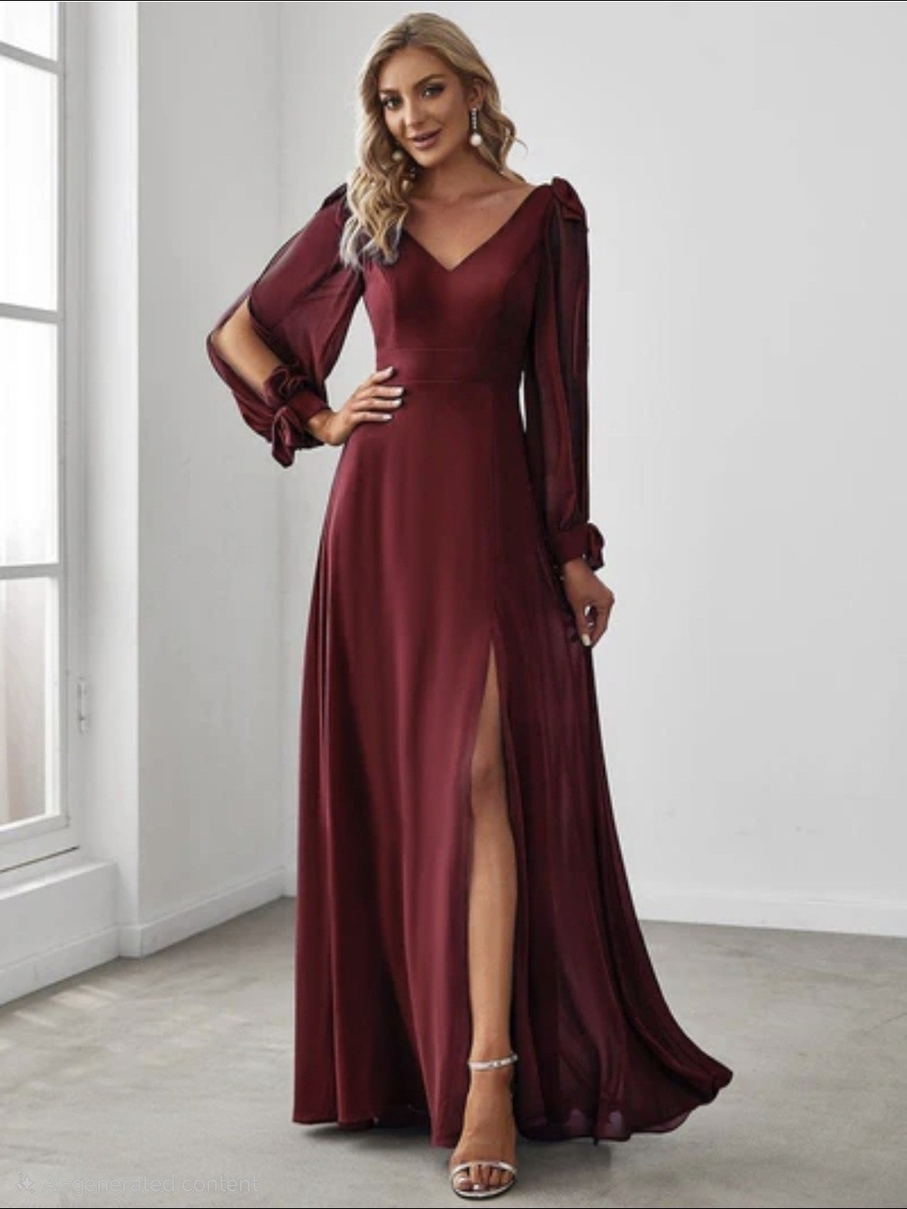 burgundy chiffon maxi dress from Ever-Pretty, featuring long sheer lantern sleev